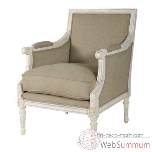 Fauteuil bergere \"marquise\" textile lin - blanc patine Antic Line -CD199