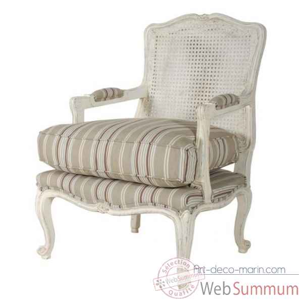Fauteuil bergere canne textile a rayures - blanc patine Antic Line -CD200