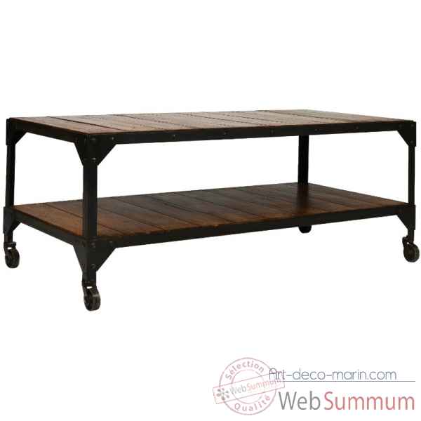 Table de salon fer et bois double plateau cire antique Antic Line -CD390