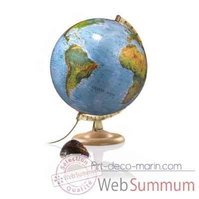 Globe geographique Lumineux double effet cartographie physique eteint / politique allume - pied bois et demi-meridien metal