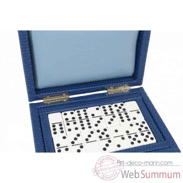 Coffret dominos cuir couture bleu -DOM06-b -1