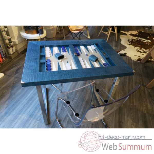 Table de backgammon cuir impression crocodile bleu -TAB1002C-b