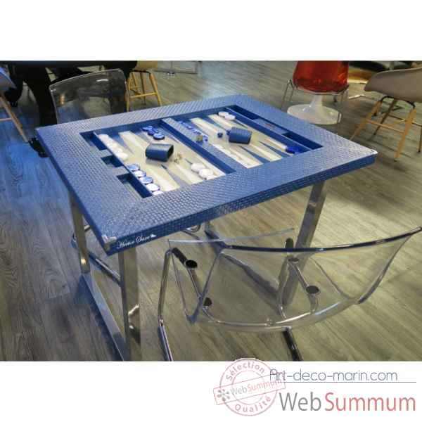 Table de backgammon cuir natte bleu -TAB1003C-b